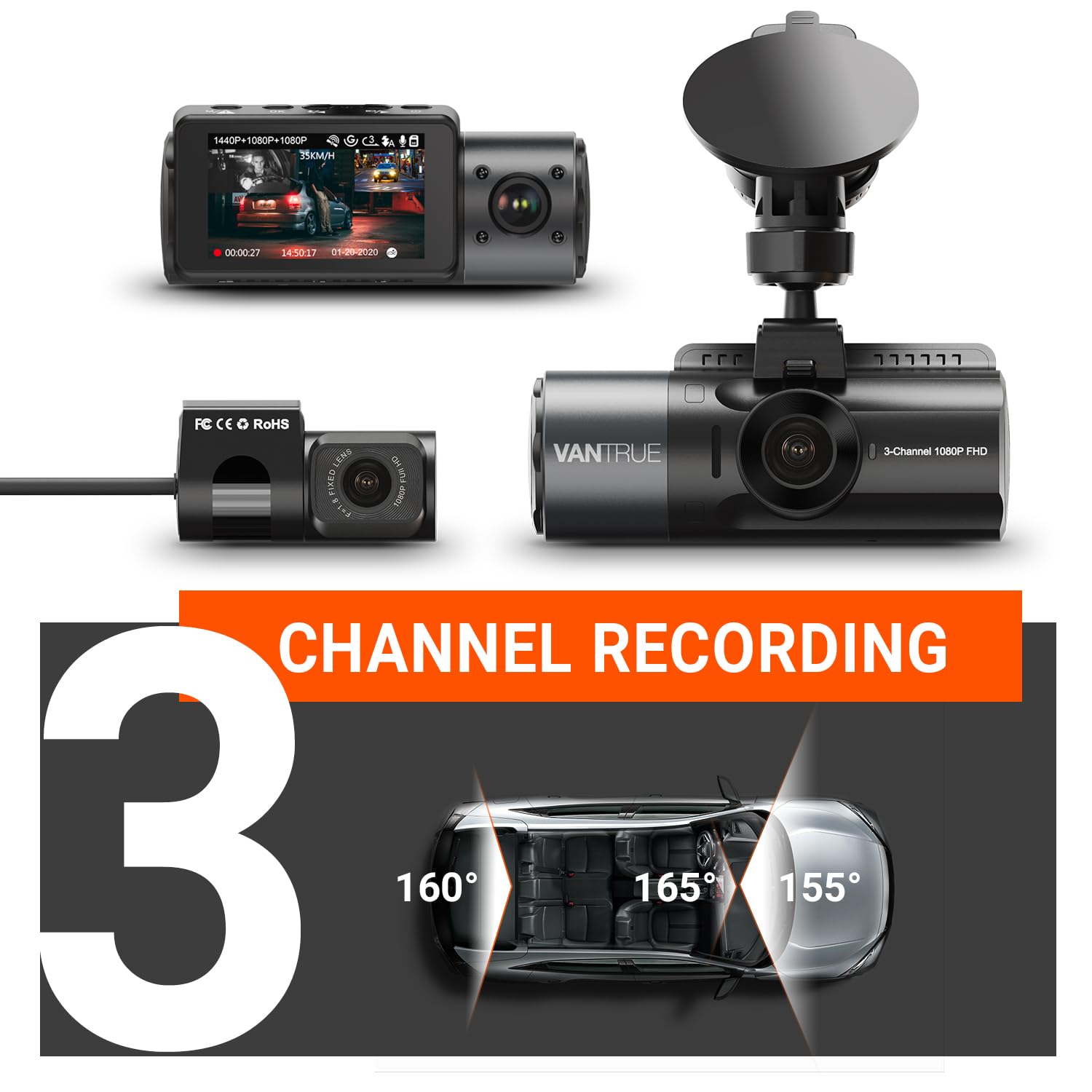 VANTRUE OnDash N4 ドライブレコーダー(3カメラ) Vantrue N4 3 Channel Dash Cam | 4K+1080P+1080P Car Camera